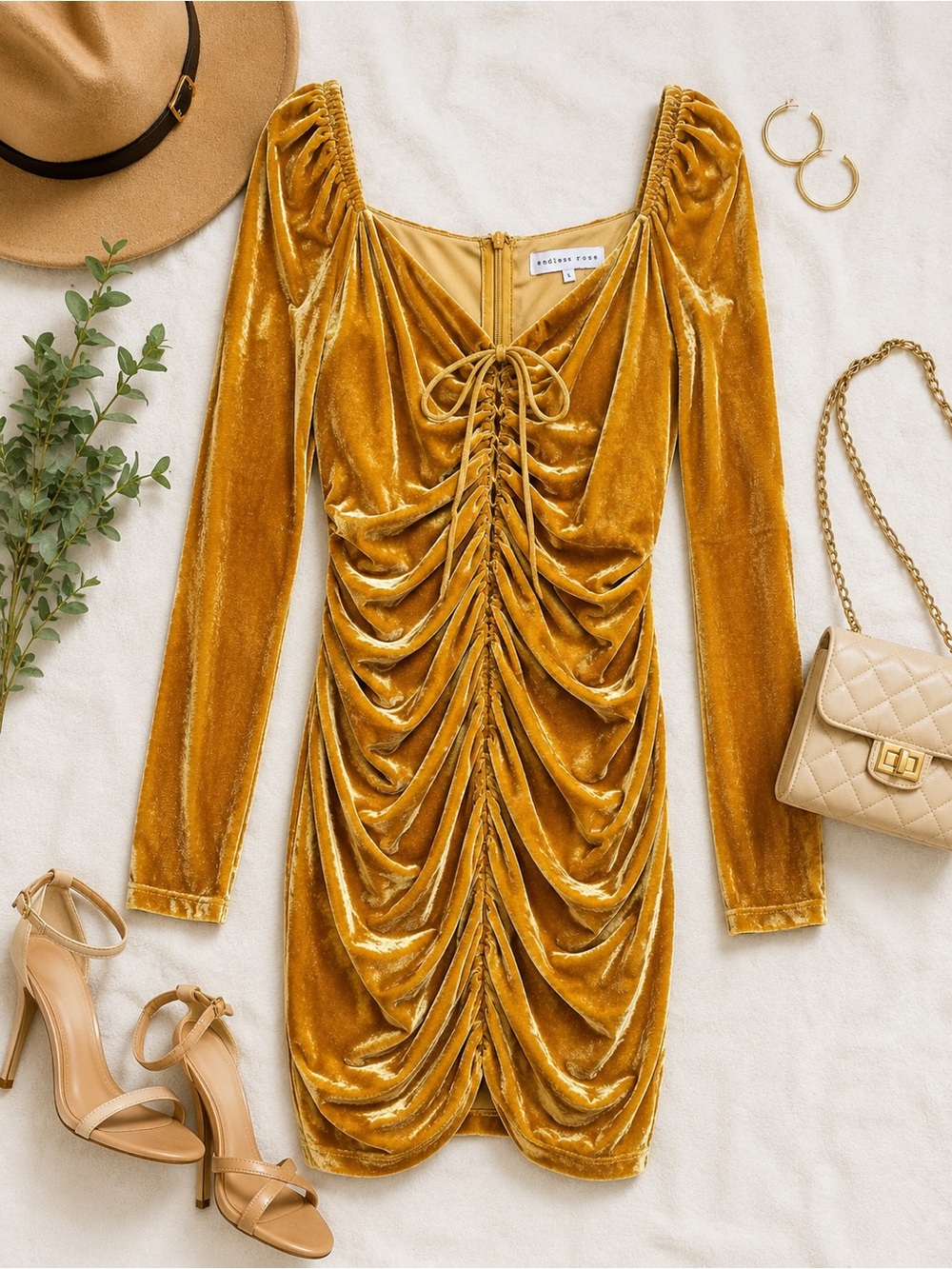 Endless Rose Gold Velvet Ruched Long Sleeve Mini Dress – Size Large
